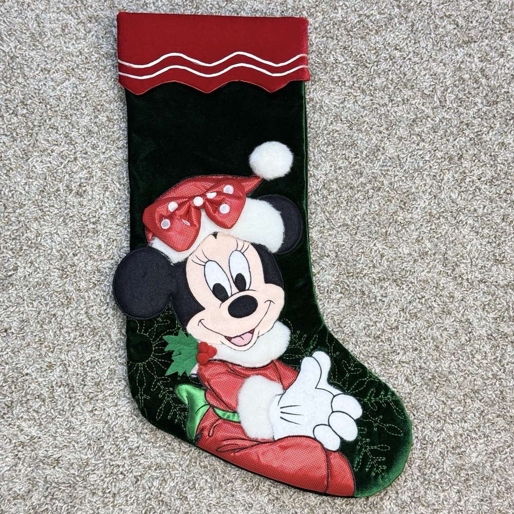 VTG 2000s Y2K Disney Parks Minnie Mouse Christmas Stocking Green Velvet 22in NWT